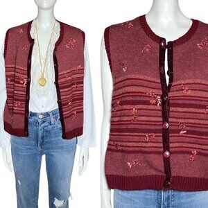 Vintage 90s Maroon Sweater Vest. Petite Medium. Cottagecore Grandmacore Fall